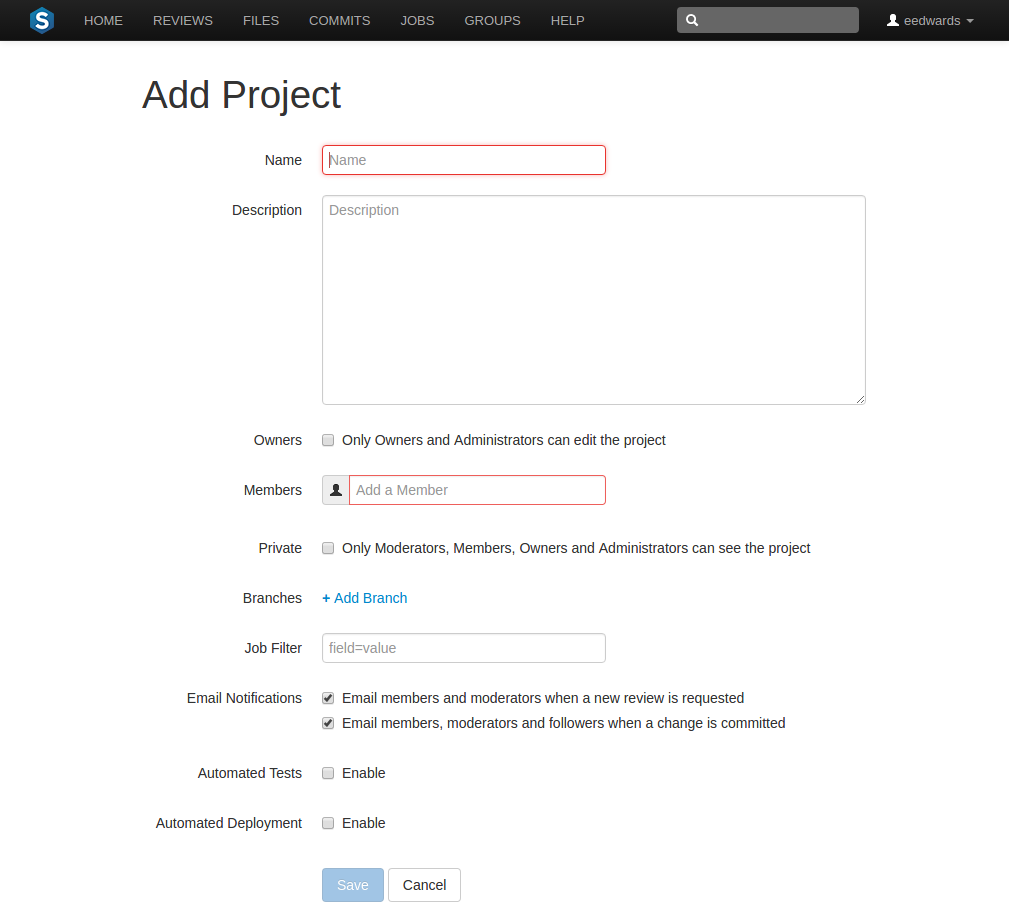 The Add Project page