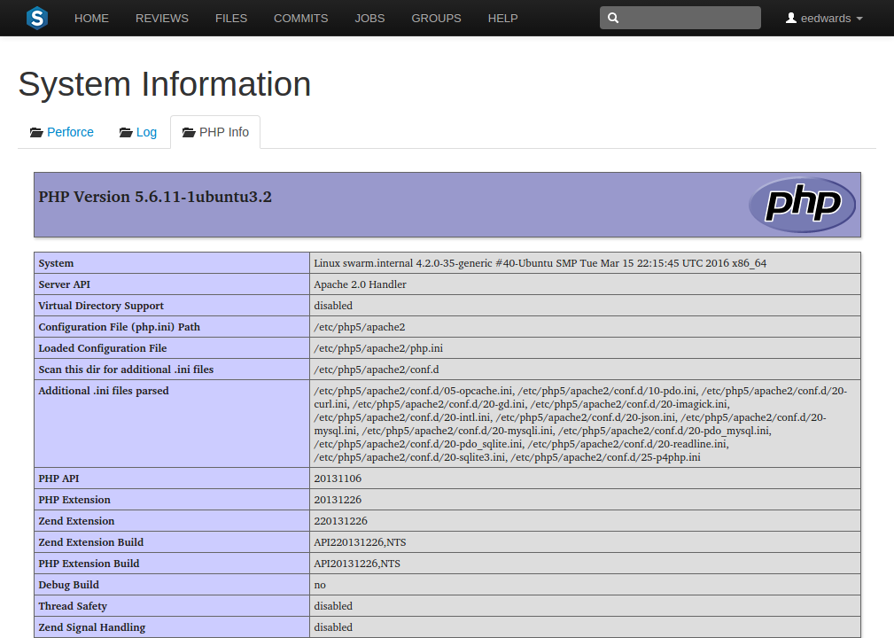 The System Information page, showing PHP Info